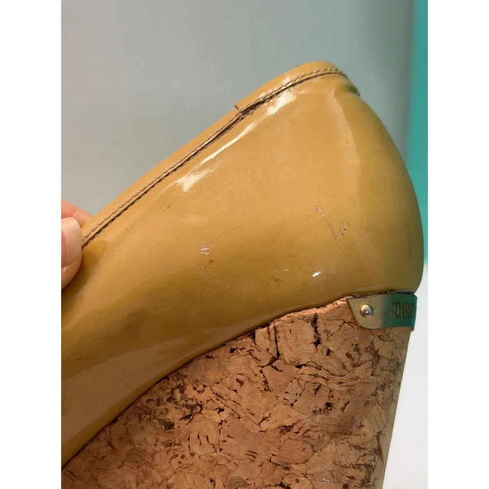 Jimmy Choo Mustard Patent Leather Cork Platform Wedge‎ Peep Toe Pumps Italy